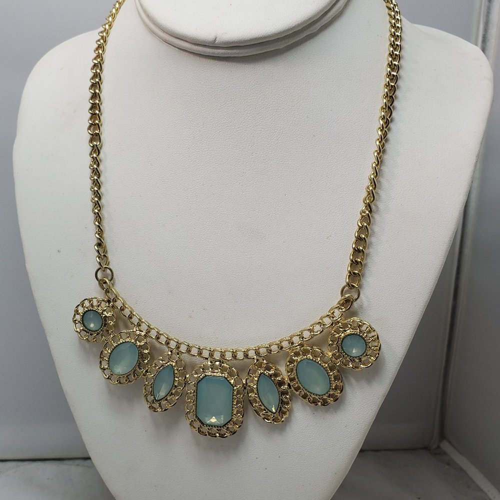 Bijou mint green gems in gold setting with gold chain statement necklace